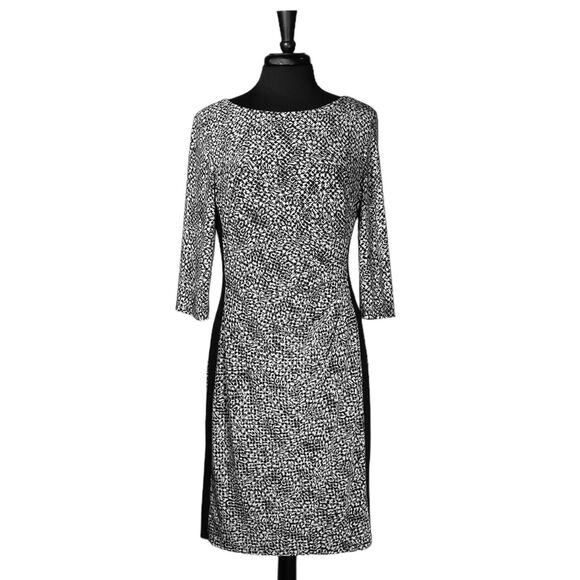 Ralph Lauren Women's Dress Black White Abstract Stretch Ruched Sheath Size 12 - Picture 1 of 9